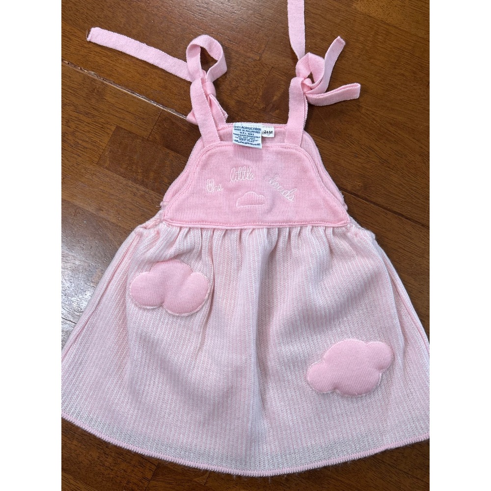 Vintage Friemanit Knit Dress Baby Girls 24M Pink Little Clouds Tie Shoulder